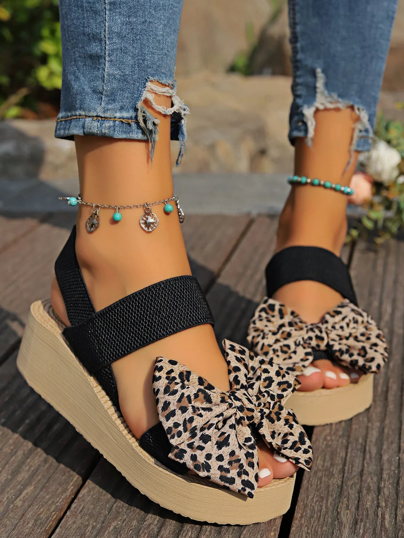 Women's Wedge Thick Sole Sandals Sexy Leopard Print Bow Daily Commuting Beach Party Leisure Fashion Versatile Sandals