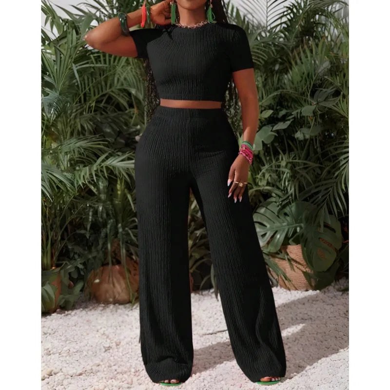 Casual Sports Set for Women Sexy Slim Short Sleeve O Neck Tops+high