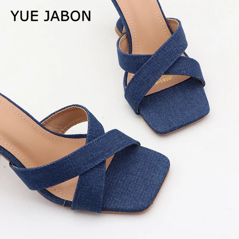 Blue Women's Shoes Fashion Summer Women's Slippers Square Toe Solid