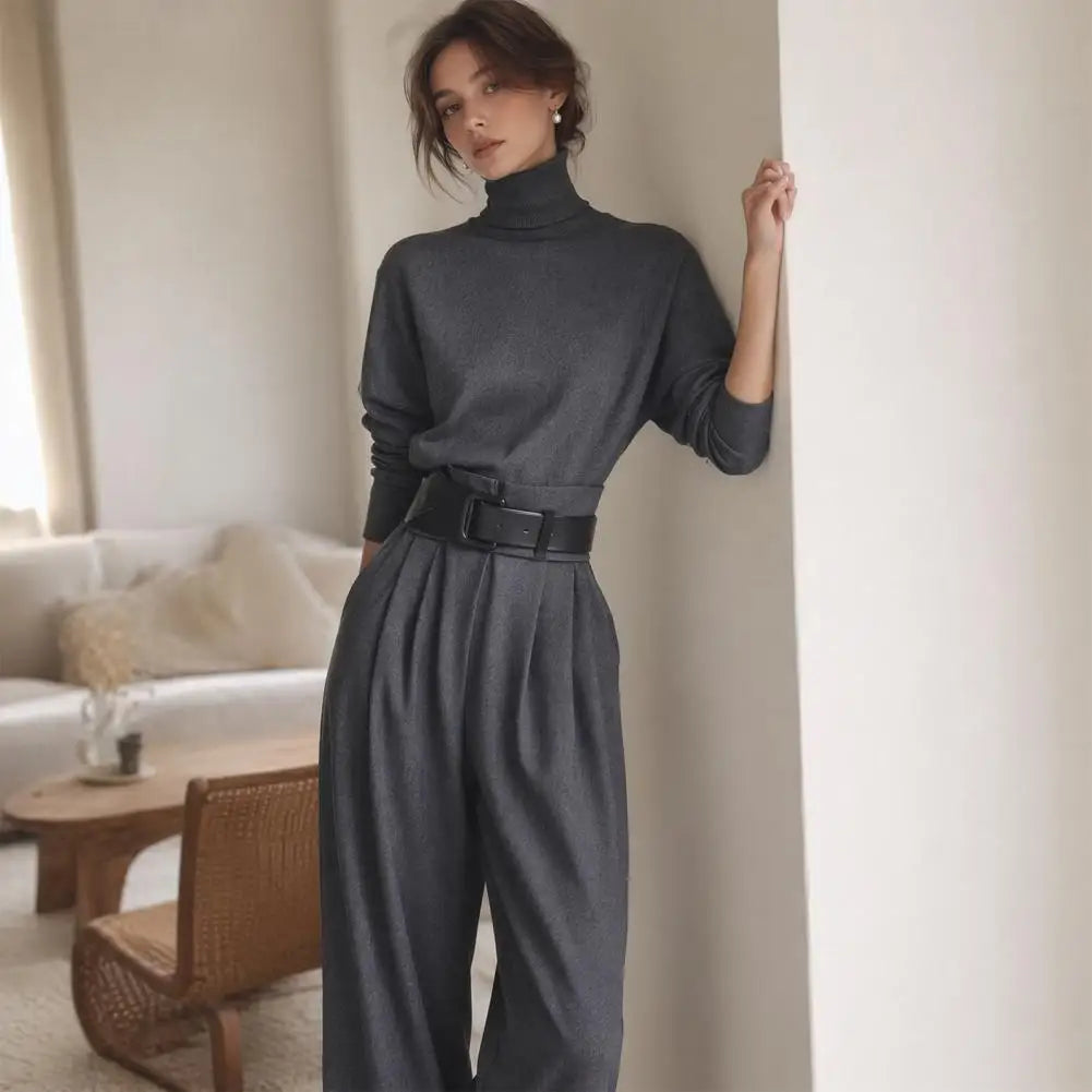 2 Piece Set Women's High-Neck Turtleneck Long Sleeve High-Waist Belted
