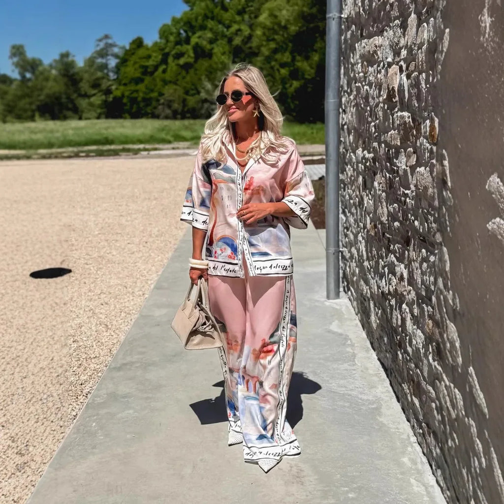 Autumn New Half-Sleeved Printed Shirt Trousers for Women 2-Piece Set