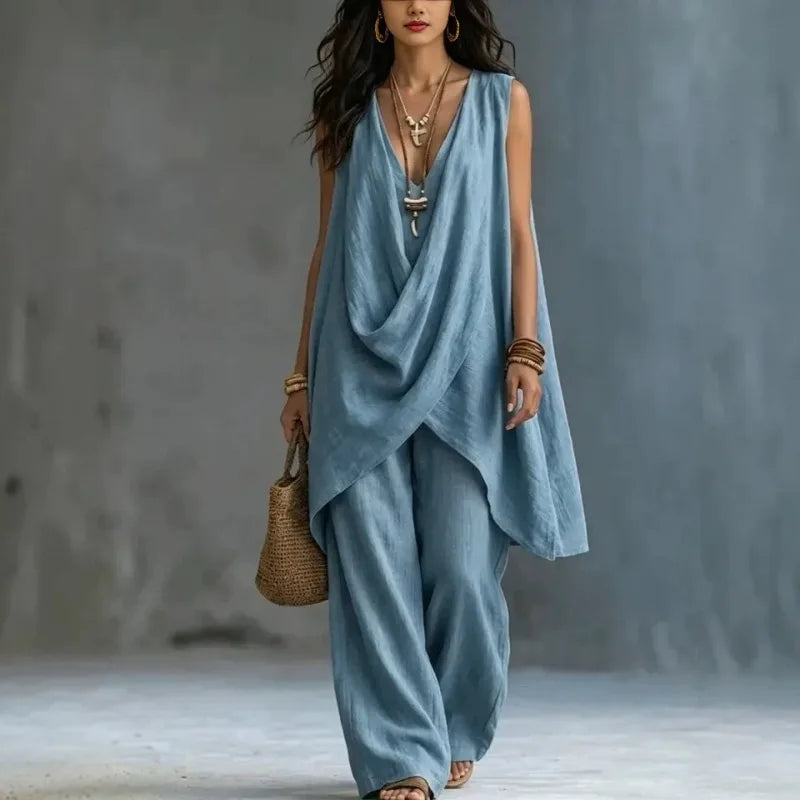 Summer Linen Cotton Sleeveless Stand Collar Set Women Casual Loose Fit