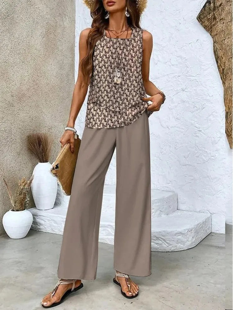 Summer Print Women Two Piece Set Fashion Top Sleevelss Elegant Suits Casual Office New Holiday Suit 2 Piece Set
