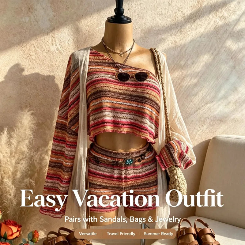 Boho Asymmetrical Off Shoulder Striped Knit Two Piece Set Women Long