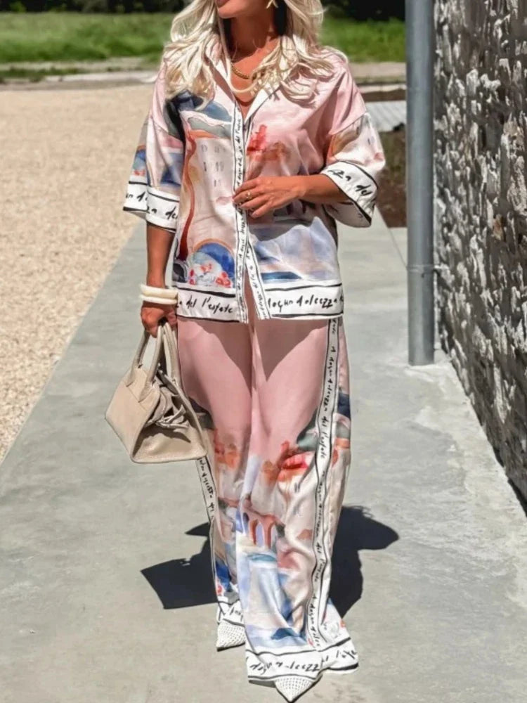 2 Pieces Set for Woman Summer New Elegant Printed Half Sleeves Shirt