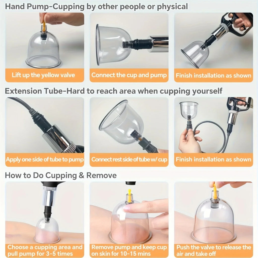 24/12Pcs Cupping Relaxation Set: Cupping Cups in Various Sizes, a Manual Pump, and a Detailed Guide Cupping Set for Massage
