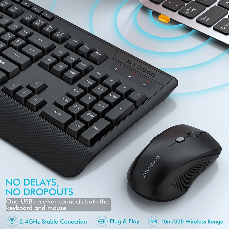 E-YOOSO™ 2.4GHz Wireless Ergonomic Keyboard & Mouse Set – Wrist Rest, Optical Mouse, Home Office Combo | FlipStylez LLC®