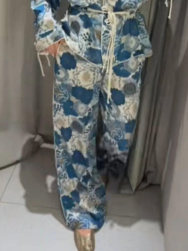 Casual Women's Printed Blouses Pant Set Loose Long Sleeve Lapel Lace