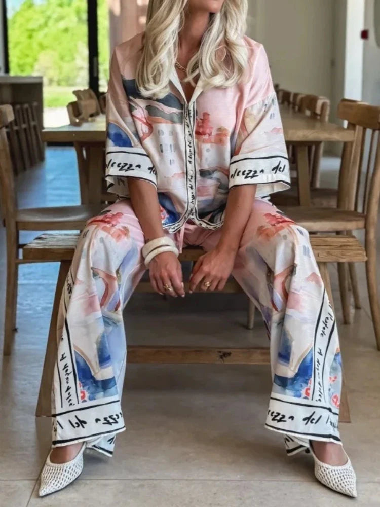 2 Pieces Set for Woman Summer New Elegant Printed Half Sleeves Shirt