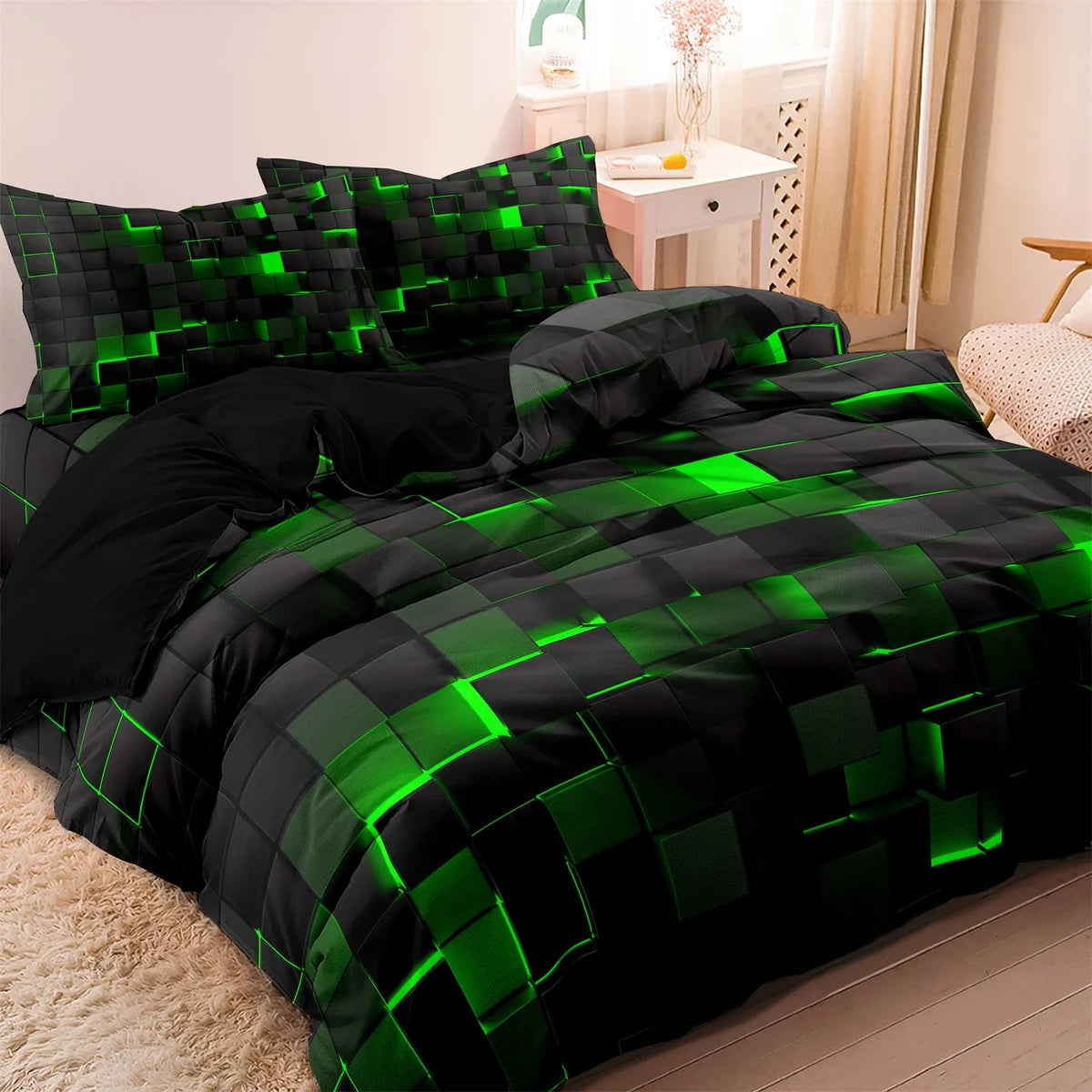 3pcs Luxurious Geometric Grid Plaid Print Soft Comfortable Duvet Cover