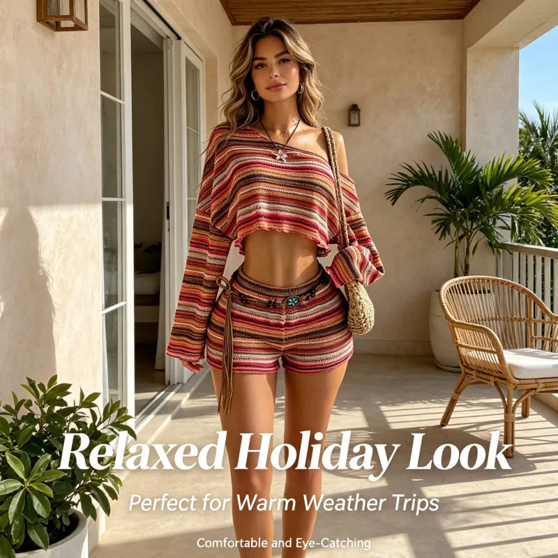 Boho Asymmetrical Off Shoulder Striped Knit Two Piece Set Women Long