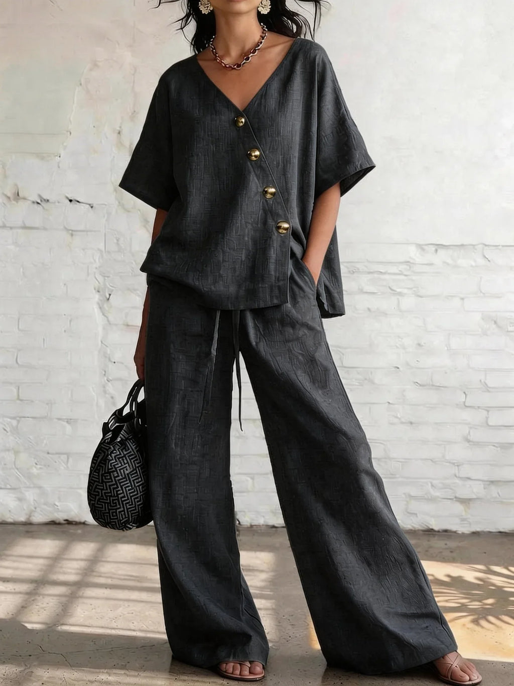 Casual Loose Pants Sets Women Summer Fashion Short Sleeve V-Neck Tops