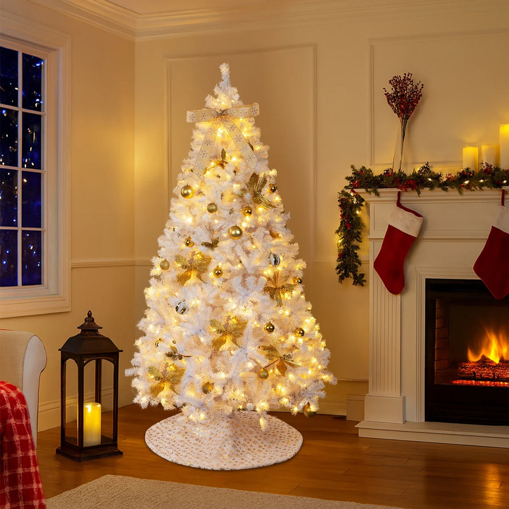 7.5FT White Pre‑lit Artificial Christmas Tree, Hinged Xmas Tree with 400 Warm White LED Lights Remote Control, 1600 Branch Tips with Tree Skirt Bow Gold Ornaments for Home Holiday Decor