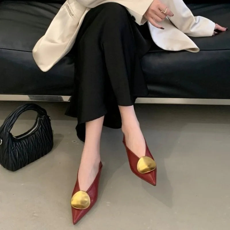 2025all-Match Gold Pointed-Toe Metal Buckle Single Shoes Women Wear
