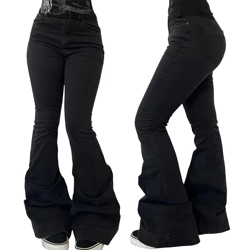 Women's Concise High Waist Flared Jeans Stretchy Slim Fit Casual Chic