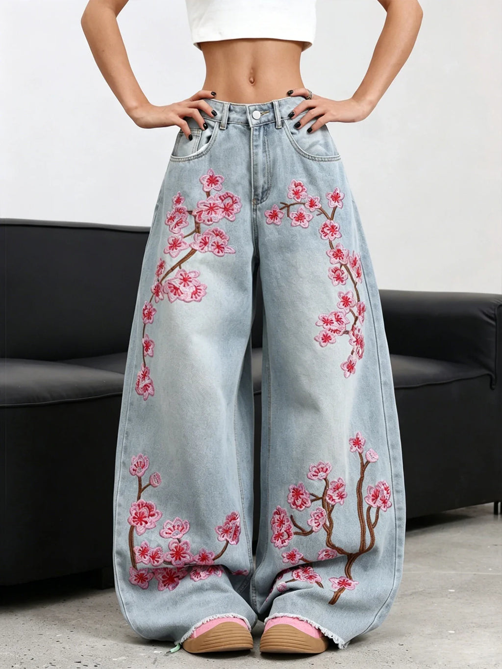 American Retro Plum Blossom Embroidery Design Blue Women's Loose Wide-Leg Jeans Y2K Street Fashion Versatile Straight Trousers