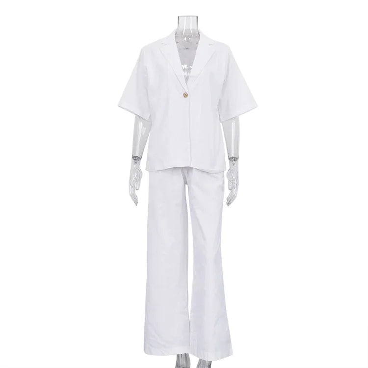 New Cotton Turn-Down Collar Half-Sleeve Top Wide-Leg Pants Two-Piece