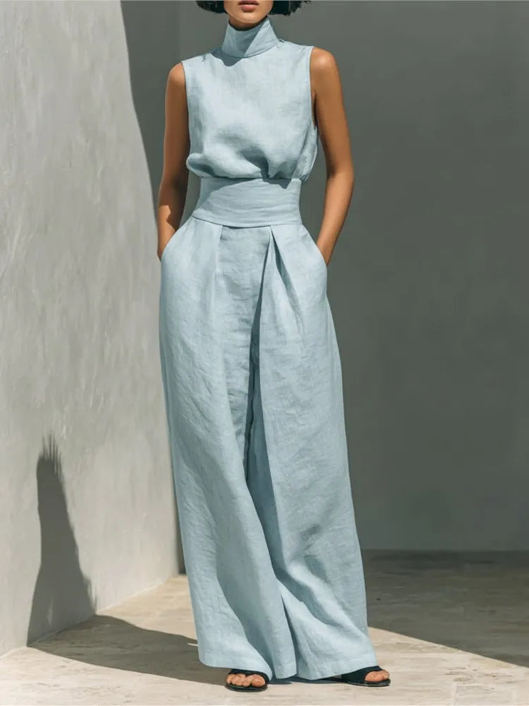 Casual Solid Cotton Linen Two-Piece Set for Women Sleeveless