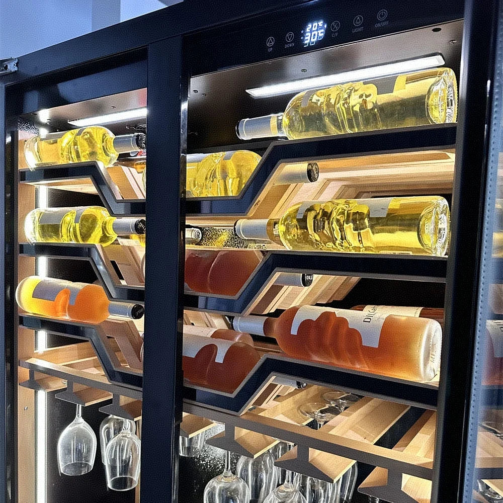 Two Tempered Glass Doors Battery-Powered Heating Function Electric Wine Cooler Cellar Fridge Luxury Beer Red Wine Hotel