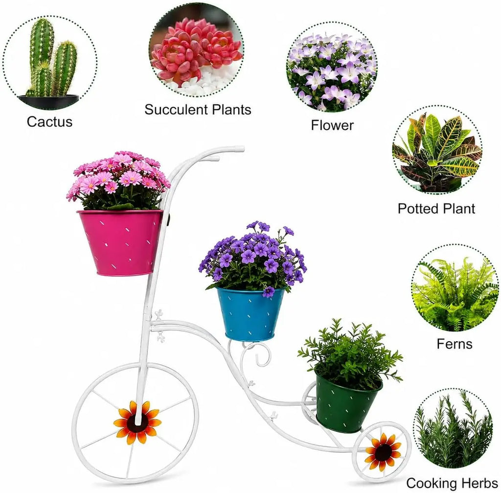Tricycle Planter Stand with 3 Plant Bucket, White Metal Tricycle Planter, 3 Tier Floral Flower Plant Stand Holder Hand Painted Outdoor Garden Patio Decor