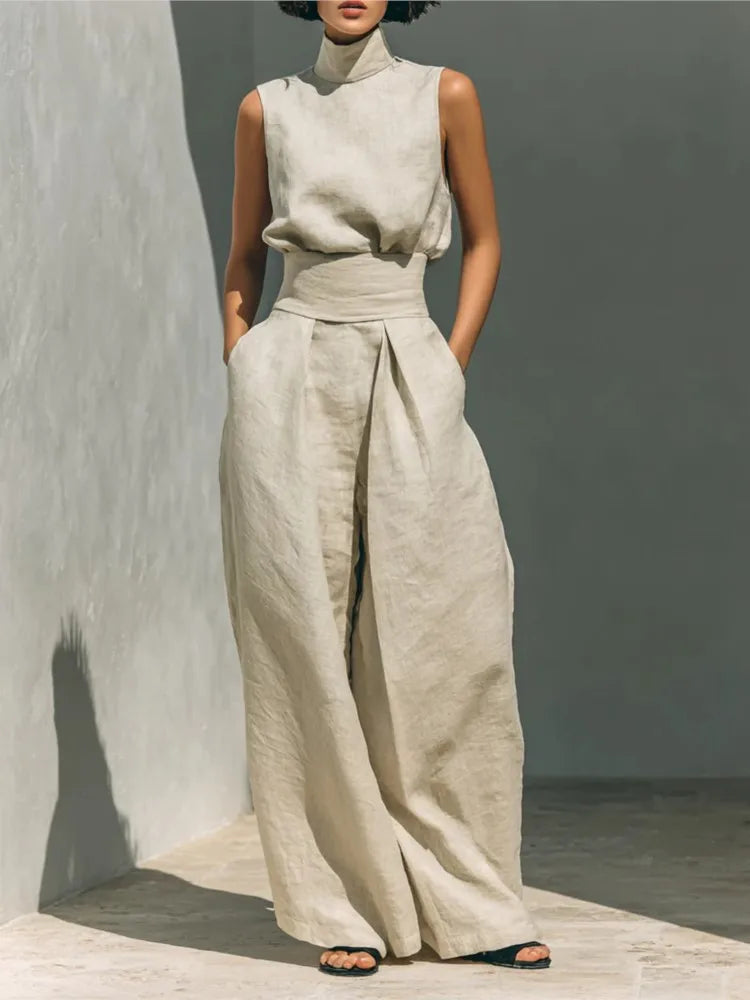 Casual Solid Cotton Linen Two-Piece Set for Women Sleeveless