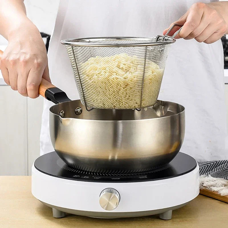 French Chip Frying Strainer Basket Stainless Steel Deep Fry Basket Kitchen Round Fryer Wire Mesh With Handle Wire Colander Nets