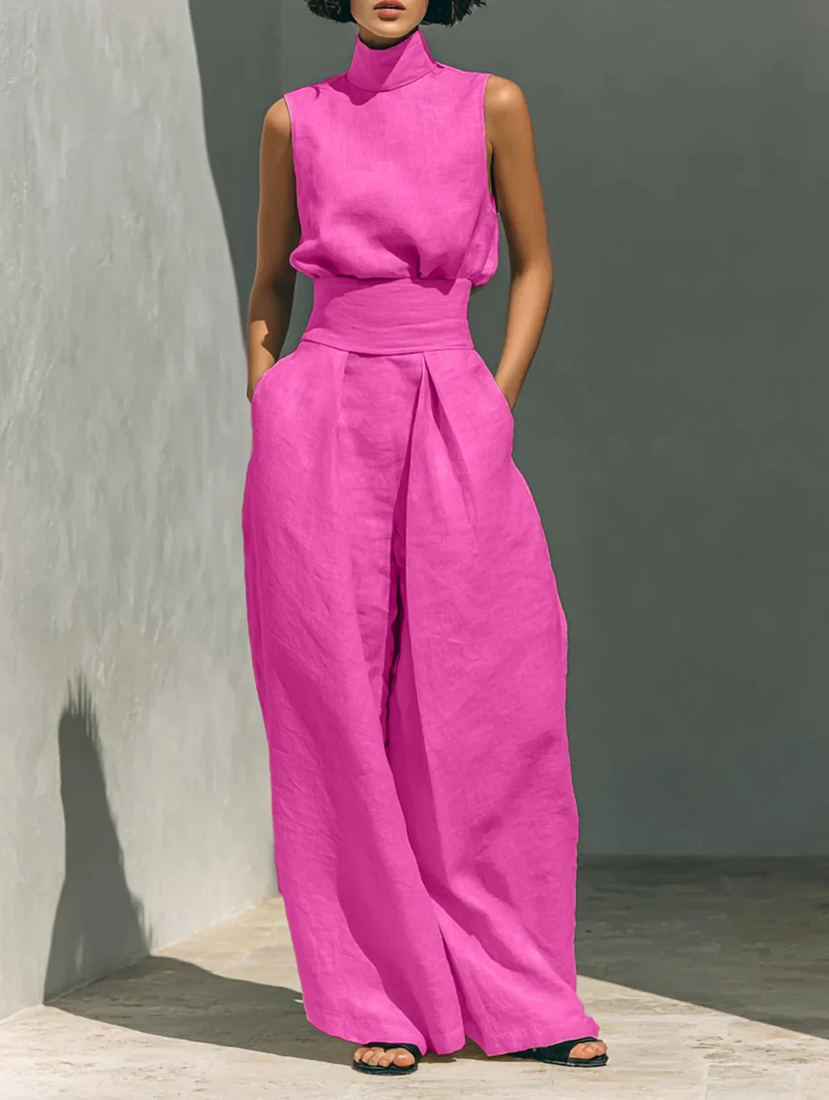 Casual Solid Cotton Linen Two-Piece Set for Women Sleeveless