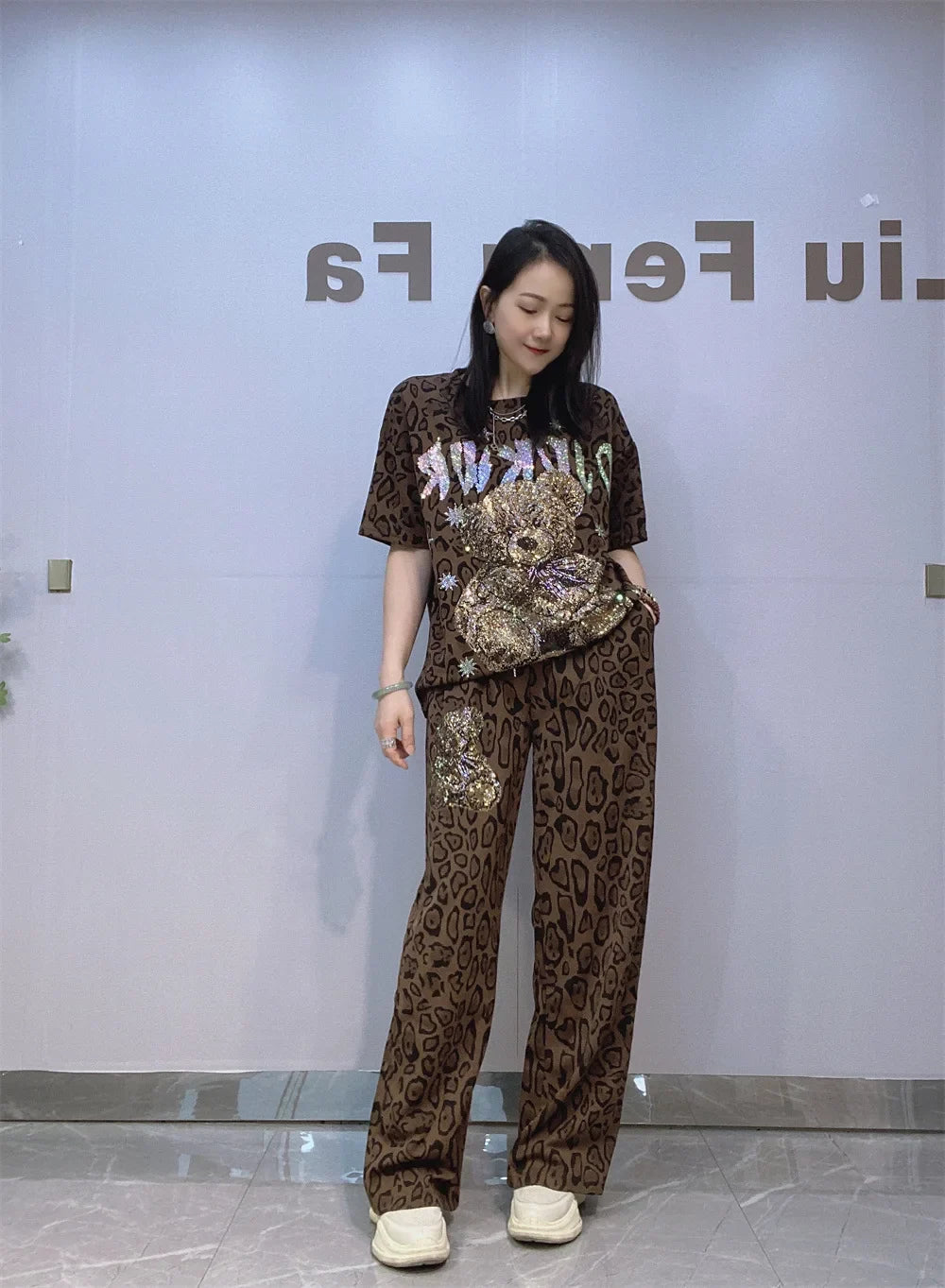 Cartoon Bear Leopard Print Wide Leg Pant 2 Pieces Sets Woman Outfits