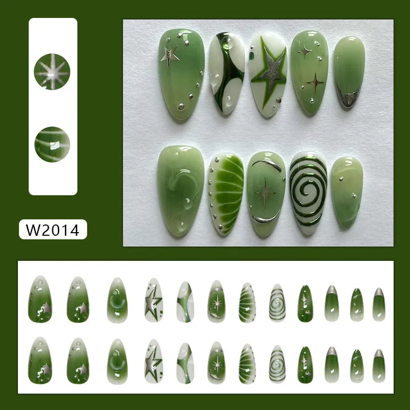 24pcs Red Star Print Fake Nails Sweet Cool Short Almond Press on Nail for Women Wearable Detachable Ins Spice Girl False Nails