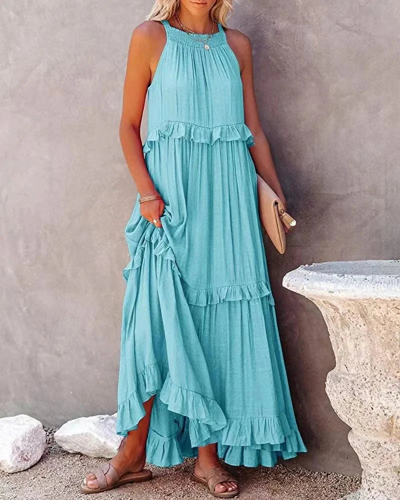 Elegant Apricot Ruffle Maxi Dress