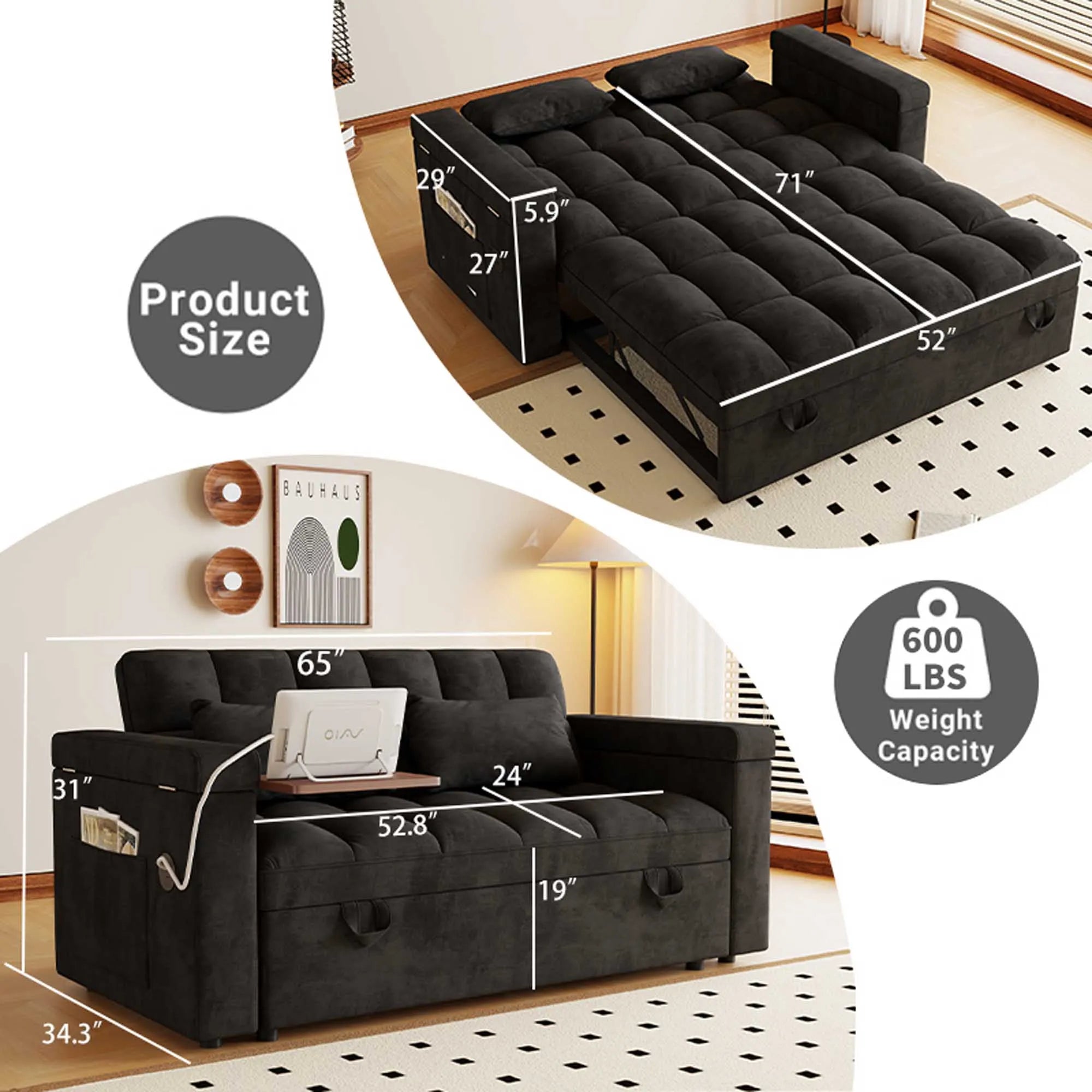 65" 3-in-1 Foldable Velvet Sofa Bed with USB Charging Port, Table Board and Storage Armrests, Adjustable Backrest Sleeper Couch for Living Room Apartment Guest Room, Black