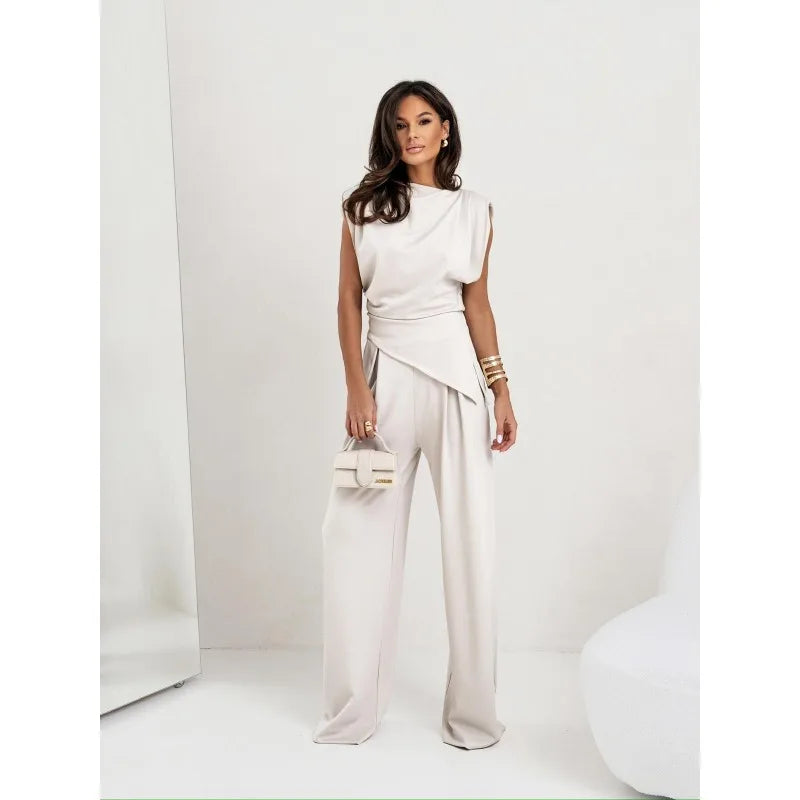 Plus Size New Women Fashion Solid Color O Neck Sleeveless Top + Pants Suit