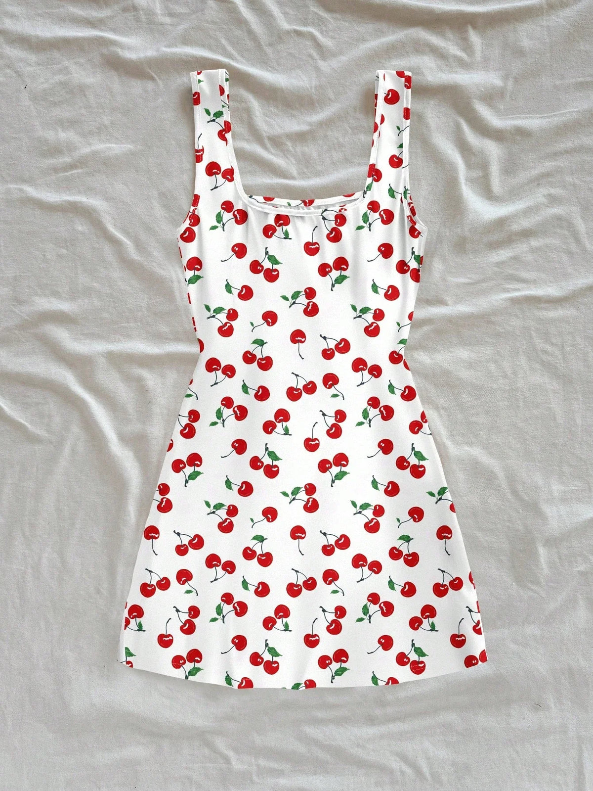 Women's Sexy Vacation Style U-Neck Cherry Print Open Back Side Slit Mini Dress for Spring/Summer