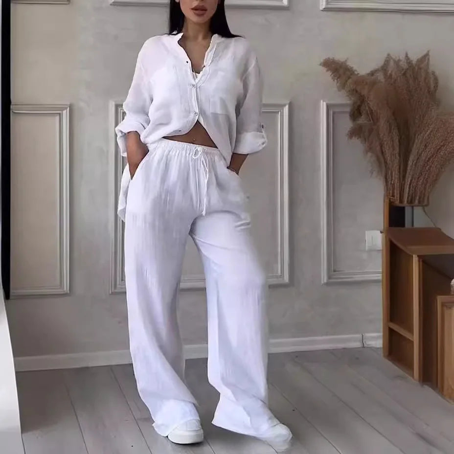 Autumn Cotton and Linen Pant Sets Women Fashion Long Sleeve Shirts