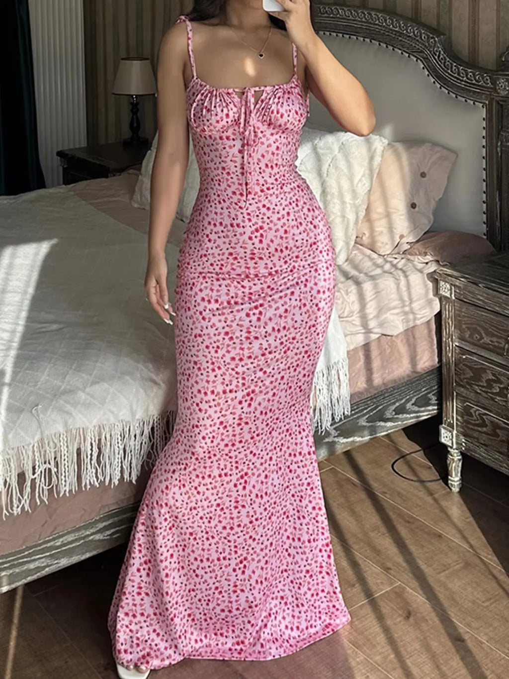 Summer Floral Midi Dress Women Spaghetti Strap Tie-Up V-Neck Split