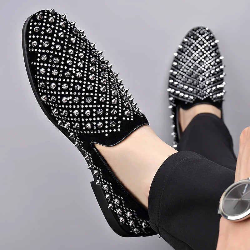 large size mens fashion stage nightclub cow suede leather rivets shoes slip-on studded shoe breathable loafers designer footwear