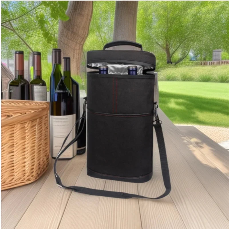 Portable Outdoor Wine Cooler Bag, Holds 2 Bottles 750ml Red Wine Beer, Handheld Insulated Travel Wine Carrier with Glass Storage