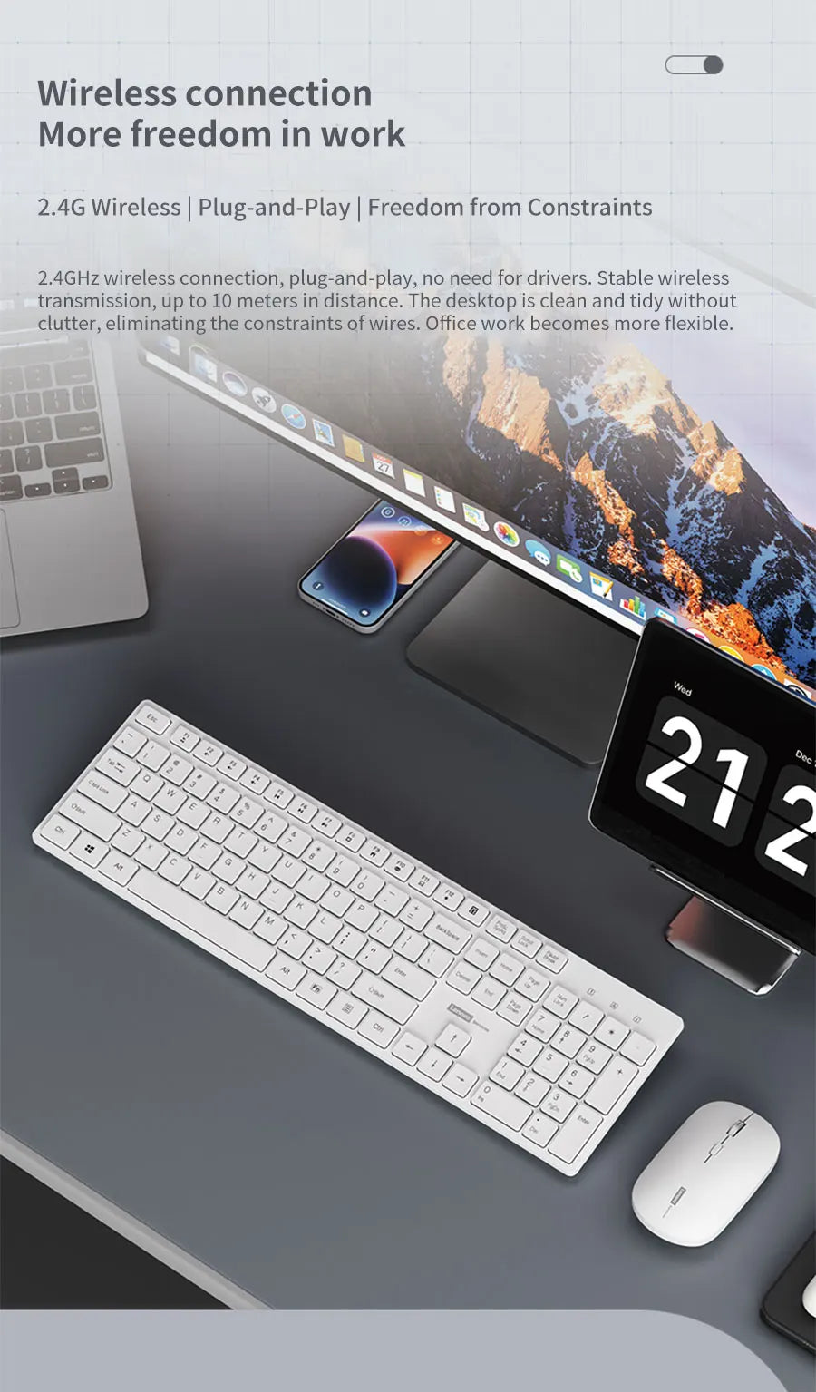Lenovo KM220™ Wireless Keyboard & Mouse Combo – 2.4GHz USB, 104 Keys, Silent Quiet, Ergonomic, Home & Office, Black & White | FlipStylez LLC®