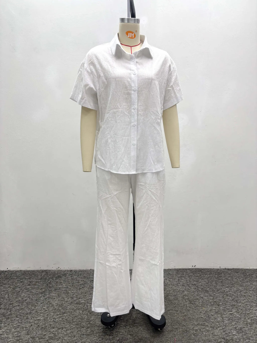 Women Casual Two Piece Pant Set Short Sleeve Turn Down Collar Shirts Top and High Waist Loose Wide Leg Pant Matching Set 2025