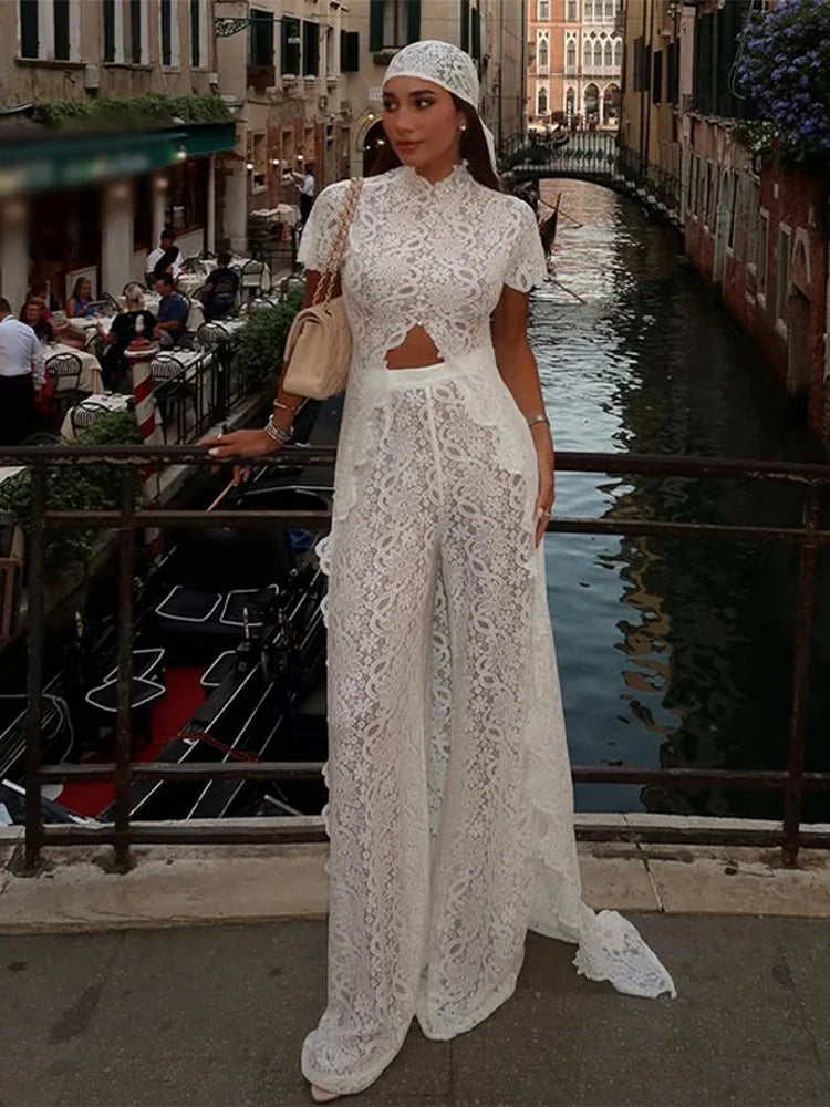 Fashion Lace Solid Women's Shirt Pant Set See Through Short Sleeve Long Tops Straight Trousers 2026 Summer Chic Female Suits
