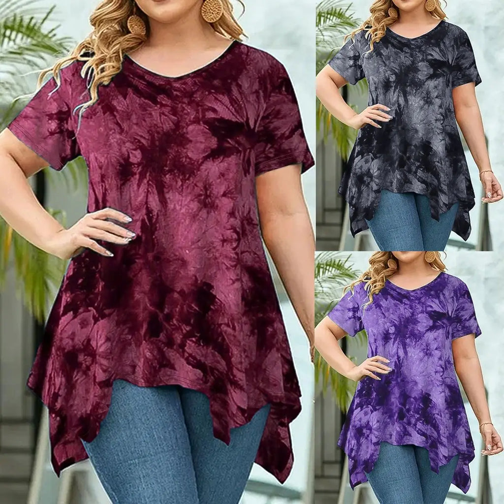 5XL Plus Size Woman Clothing Tie Dye Short Sleeve T-Shirt Casual New V