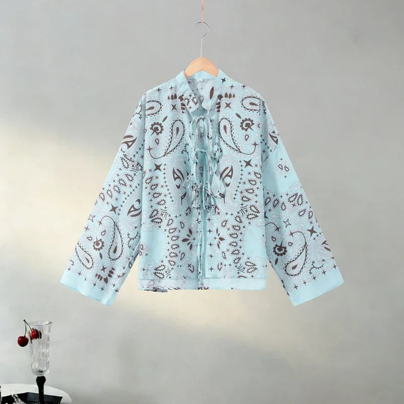 Casual Printed Women's Shirt Trouser Suits Lace Up Long Sleeve Loose