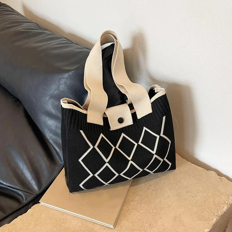 Rhombus Line Knitted Hand Bag Female All-Match Snap Button Portable Tote Bag Large Capacity Student Fine Needle Wallet Autumn