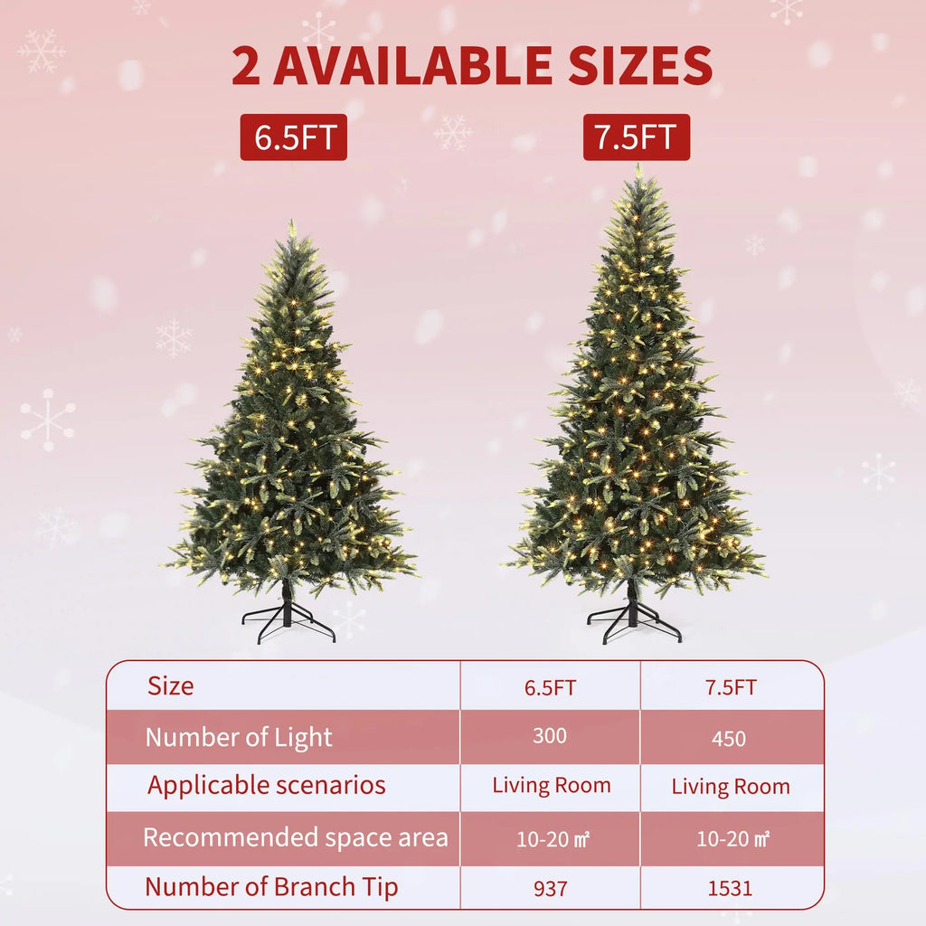 6.5ft Christmas Tree, Artificial Christmas Tree with 300 Warm White Lights, PE & PVC Xmas Tree with Thickened Branch Tips, Easy Assembly for Home Office Party, Green