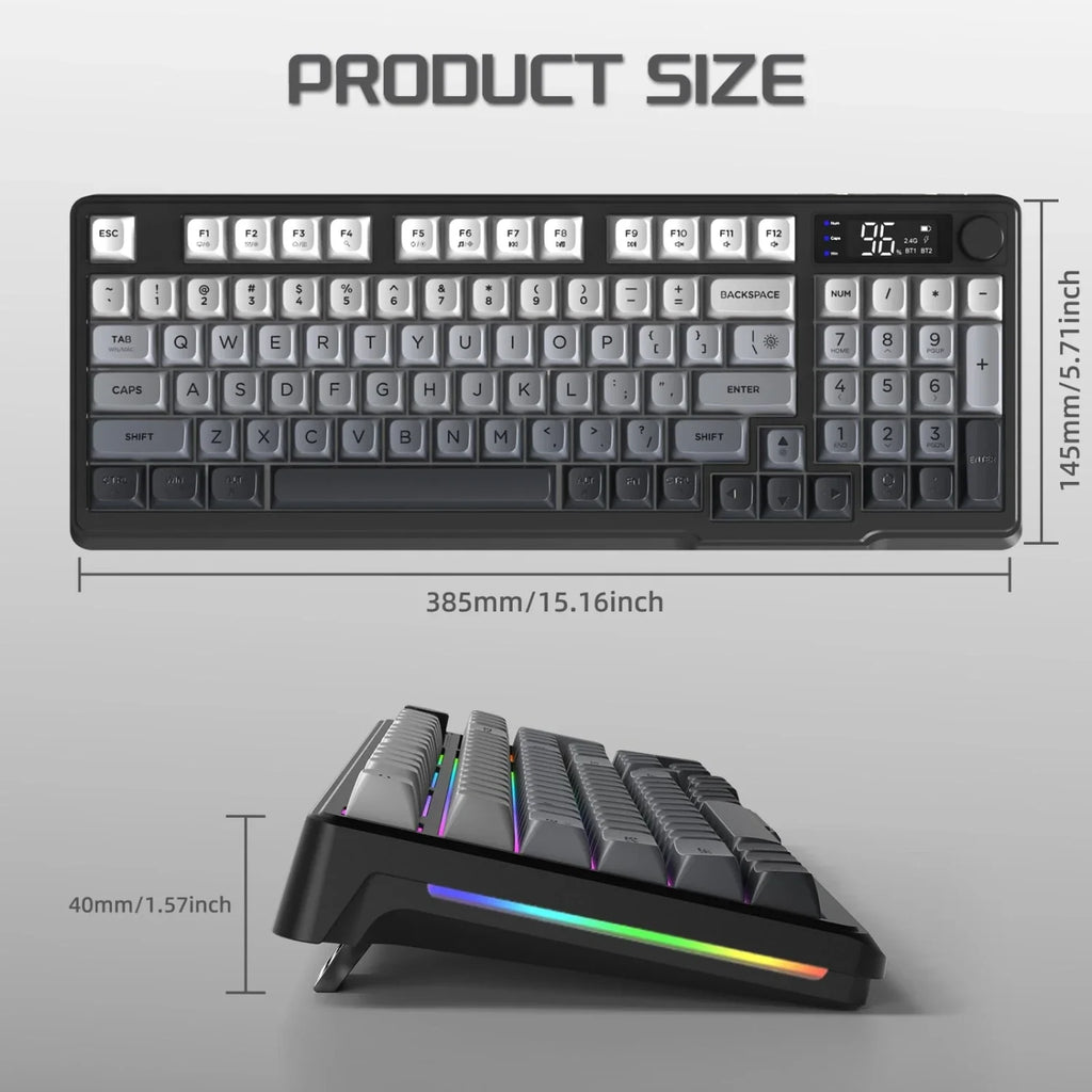 FREEWOLF M96™ Wireless Keyboard & Mouse Combo – Bluetooth 5.0 & 2.4G, Smart Screen, 96 Keys, RGB Backlit, Silent, PBT Keycaps, Multimedia Knob, X7 4000 DPI Mouse | FlipStylez LLC®