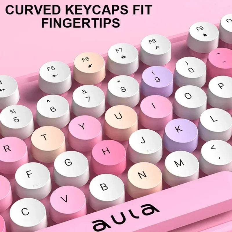 AULA AC306™ Wireless Retro Round Keycap Keyboard & Mouse Set – Silent 2.4G, Pink & Coffee | FlipStylez LLC®