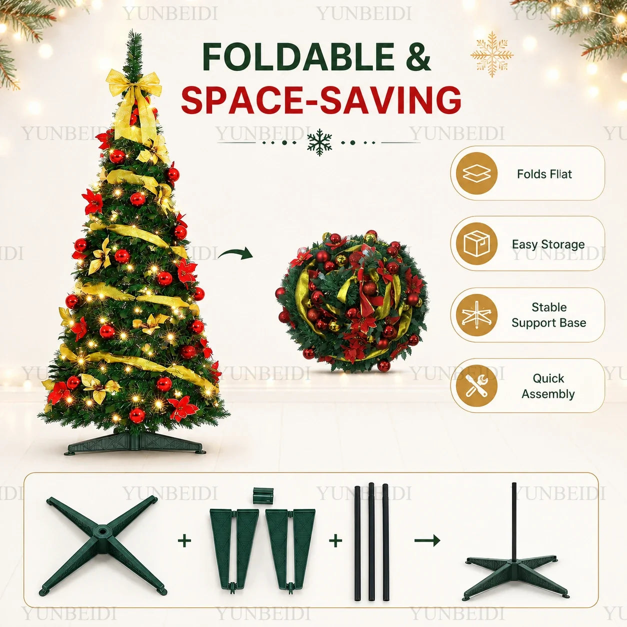 Folding Christmas Tree with LED Lights and Christmas Flowers Telescopic Artificial Christmas Tree 150CM/180CM Home Decoration