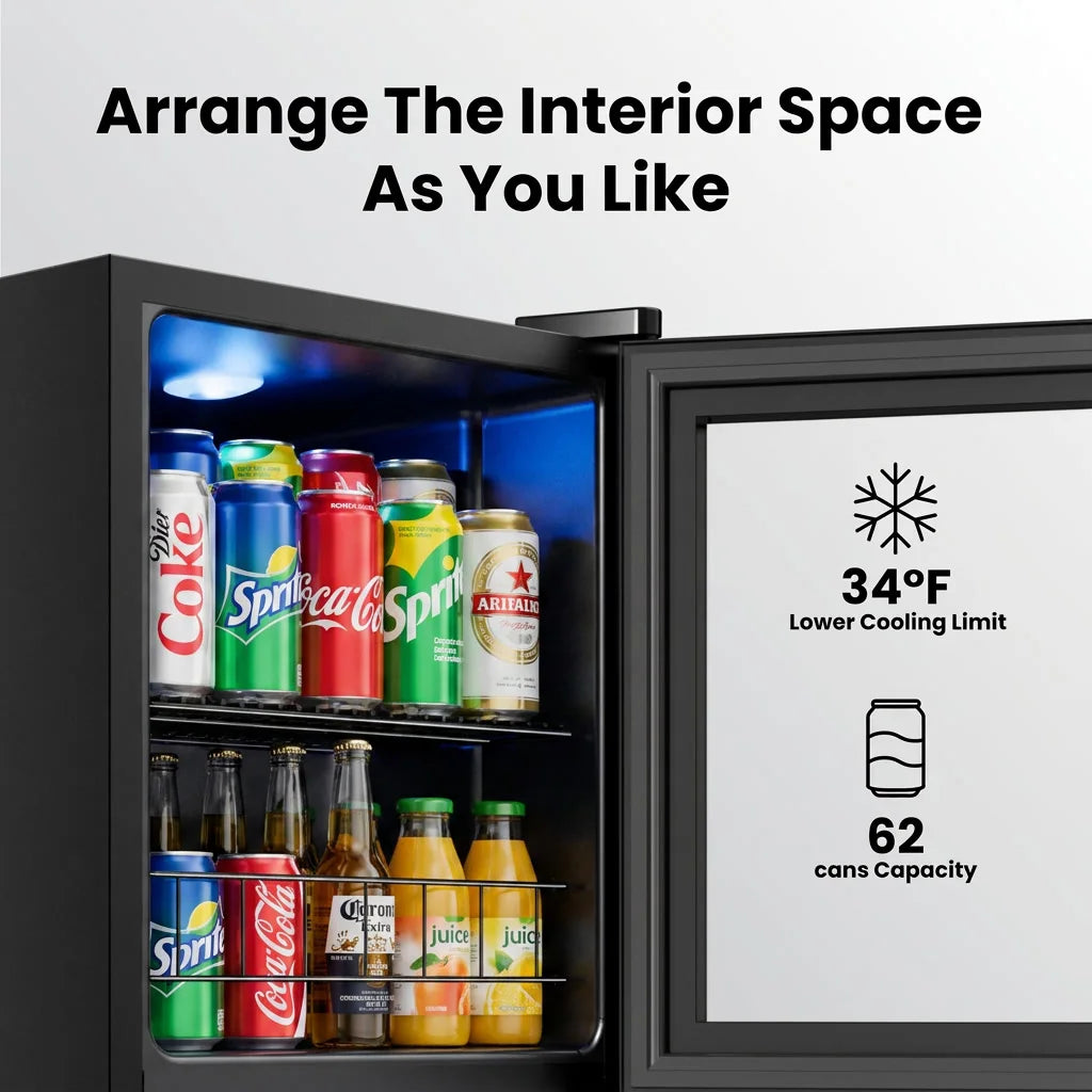 60 Cans Beverage Refrigerator 46L Mini Drink Cooler 1‑12℃ Electronic Temperature Control Glass Door Right Open For Home Bar Commercial Use