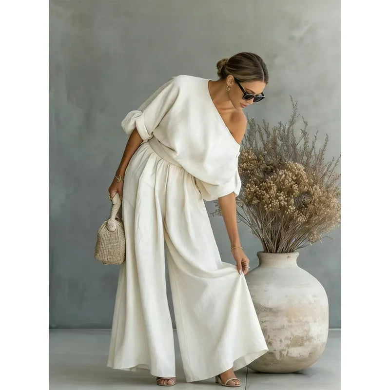 Spring/summer Korean Casual Pleated Half-Sleeve Shirt Wide-Leg Pants