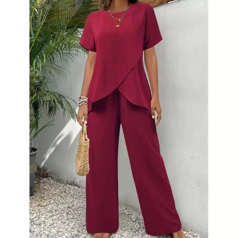 2 Pieces Women Sets Summer Short-Sleeved Irregular Round-Neck Loose